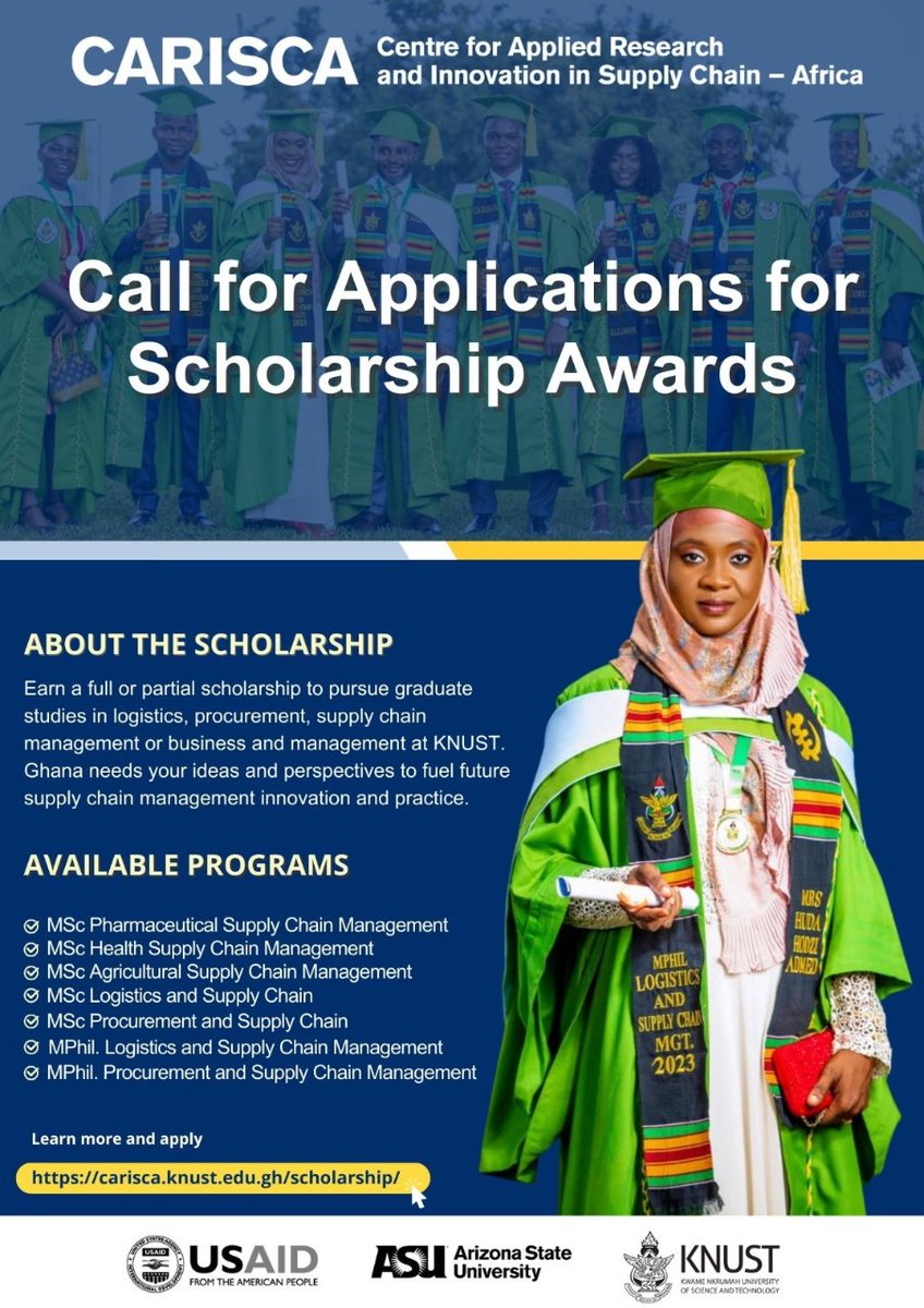 SCHOLARSHIP OPPORTUNITY ALERT!
GRASAG-KNUST is delighted to announce a scholarship opportunity offered by CARISCA. An excellent opportunity to pursue graduate studies. For additional information, visit the website.