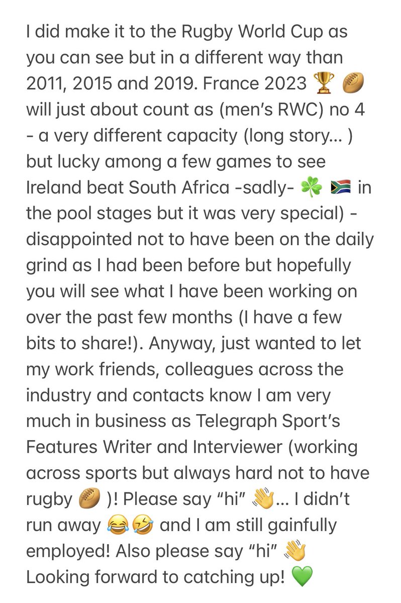 Hello! 👋 Been working quietly to return to work for a long time Grateful to Telegraph for support after illness early this year Not a rant here 😉 - just explaining where I’ve been & I’m still on staff as Sports Features Writer & Interviewer. And open for business! Say “hi”