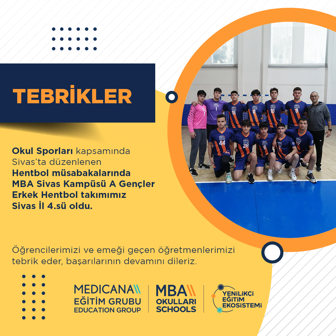 Okul Sporları kapsamında Sivas’ta düzenlenen Hentbol müsabakalarında MBA Sivas Kampüsü A Gençler Erkek Hentbol takımımız Sivas İl 4.sü oldu.
Öğrencilerimizi ve emeği geçen öğretmenlerimizi tebrik eder, başarılarının devamını dileriz.
#MBAOkulları #MedicanaEğitimGrubu