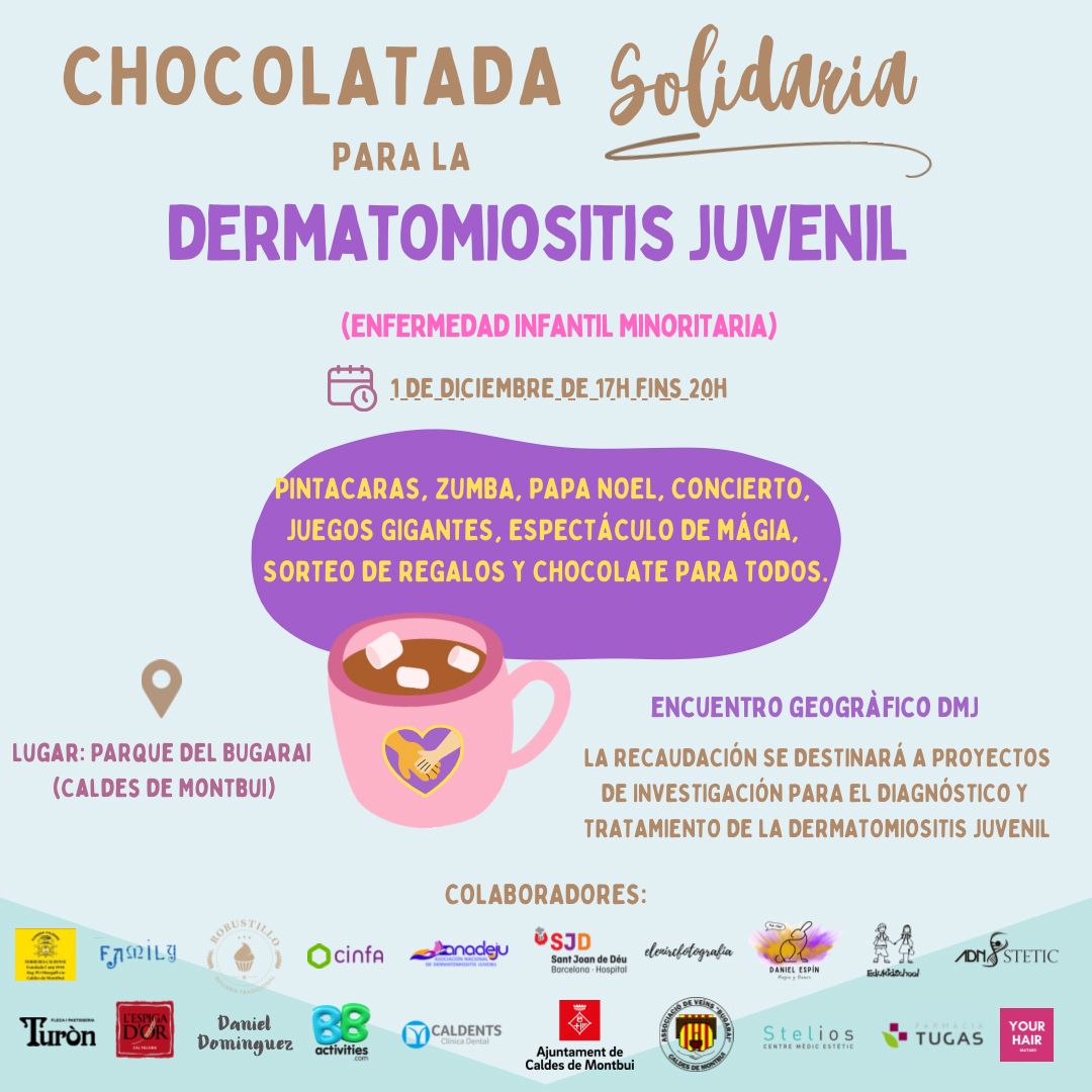 SEReumatologia's tweet image. Si estás en #Barcelona o alrededores, te proponemos un plan que organiza @anadejudmj. Se trata de un encuentro para familias con #DMJ, con la celebración de una ¡CHOCOLATADA SOLIDARIA! 
🗓️1 de diciembre
⌚️17:00h
🗺️Parque del Bugarai, en Caldes de Montbui, Barcelona