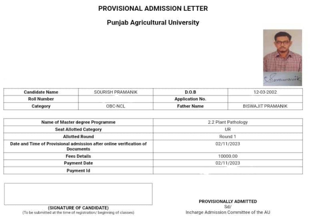 I feel thrilled to share that I've been provisionally admitted to Punjab Agricultural University (<a href="/PAU_LDH/">Punjab Agricultural University Ludhiana</a>) through ICAR in the Plant Pathology Department.