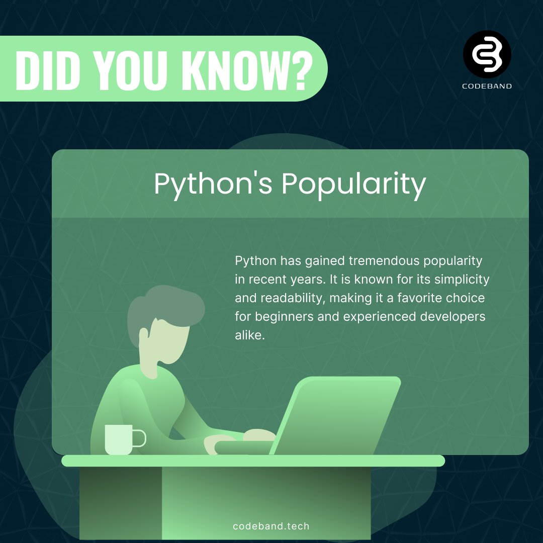 codebandtech's tweet image. Unraveling the Python mystery 💻 Dive into the world of simplicity and power with these fascinating Python facts!

Connect with us:

Email: info@codeband.tech
Community: lnkd.in/grGk966w
Instagram: lnkd.in/gvQaYkpK
Twitter: lnkd.in/gYFQSZDk

#codeband