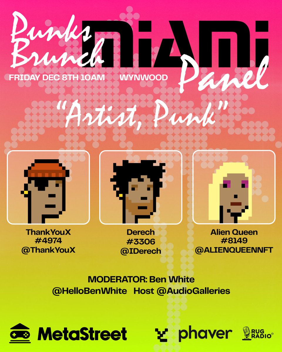 MILESTONE REACHED I'LL BE A SPEAKER IN MIAMI 😍

2 years ago I joined this space as a nobody, all I had to offer was my art &amp; a ton of passion.

One year later I went all in &amp; got my punk, it changed my life!

I'll be a speaker w/ <a href="/ThankYouX/">ThankYouX</a> &amp; <a href="/ALIENQUEENNFT/">ALIENQUEEN</a>!

Bullish on art 🫂