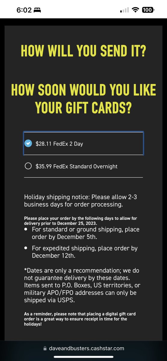 ashleybusby's tweet photo. .@DaveandBusters 
Help! Why are these the only two shipping options for physical gift cards?! I just need standard/ground. https://t.co/uRdzFvfviD