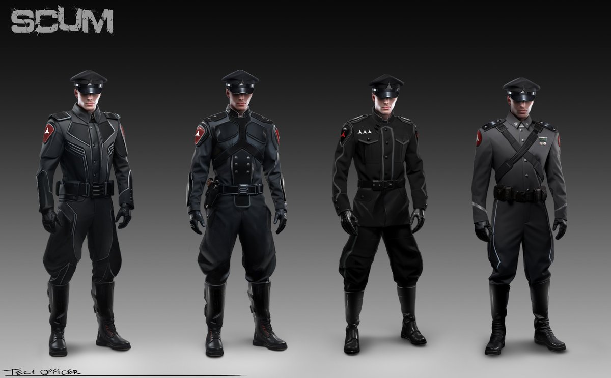 ScumGame's tweet image. Explore our 'Leaks from the Future' section for a sneak peek into what's in store with the 1.0 release! 
The concept art featuring TEC1 officers' suits is currently a 'work in progress.' Share with us your preference for the perfect outfit for your new AI enemies!
#SCUM #TEC1