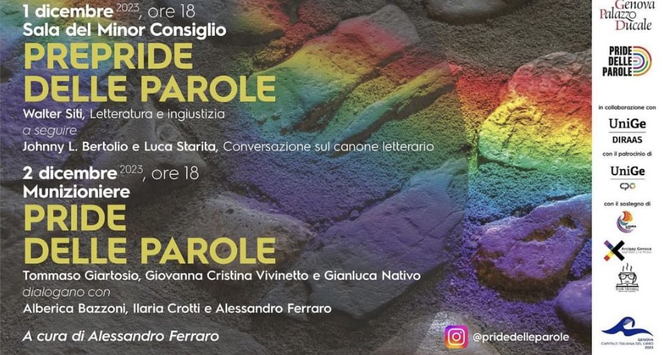 JohnnyLBertolio's tweet photo. Venerdì primo dicembre alle 19 al #PalazzoDucale di #Genova il #PridedelleParole ospiterà una conversazione sul #canone letterario. Con @LucStarita e Alessandro Ferraro #controcanone #Loescher #letteratura #diversity https://t.co/RmFFYDjlkl