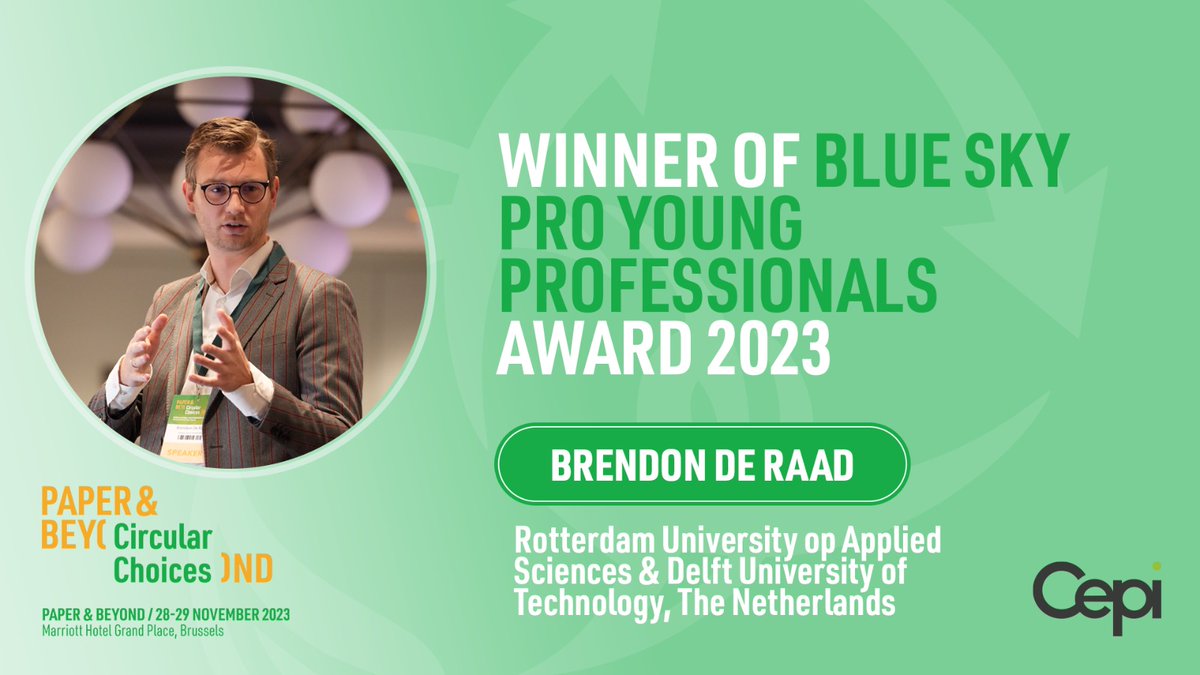 cepi_paper's tweet photo. 🌟 Announcing the recipient of the Blue Sky Pro Young Professionals Award.

👏Warm congratulations to Brendon de Raad from Rotterdam University of Applied Sciences & Delft University of Technology, The Netherlands, for his project: 'Towards a Sustainable Dutch Paper Industry: The Application of Heat Pumps'.  

Congratulations, Brendon!🏆