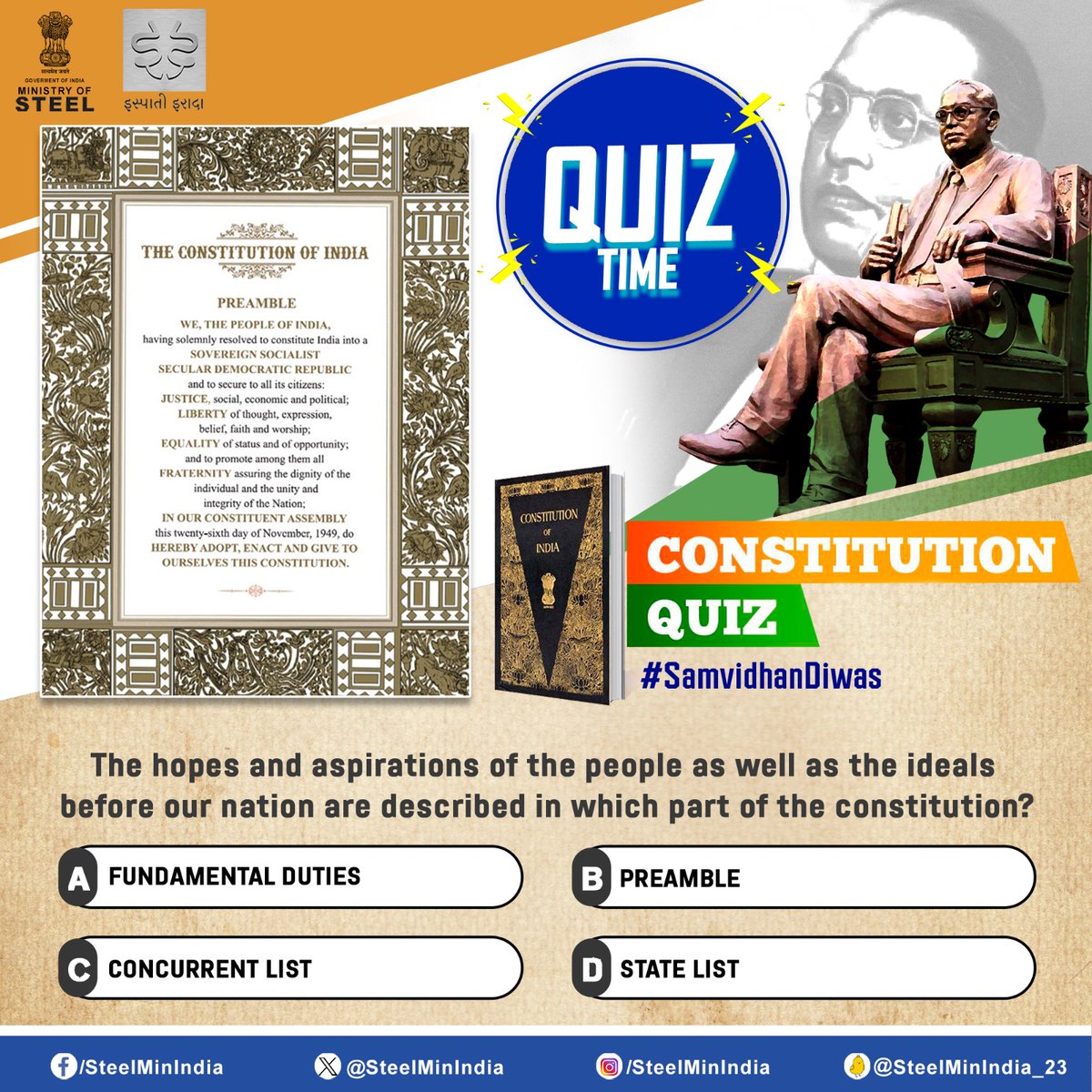 Test your knowledge and celebrate #ConstitutionDay! Join us in commemorating Constitution Day with our quiz, celebrating the foundation of our democracy.🇮🇳📜

#QuizTime #KnowYourConstitution #ConstitutionDayQuiz