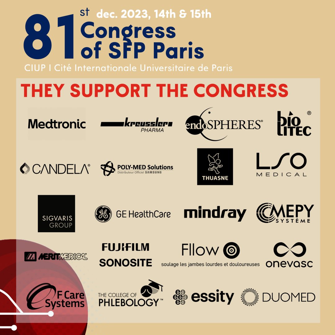 🤝Many thanks to all the partners who support the SFP congress. We look forward to seeing you on December 14th and 15th in Paris.

#sfpcongress
#Vascular
#SFP
#Phlebology
#Congress