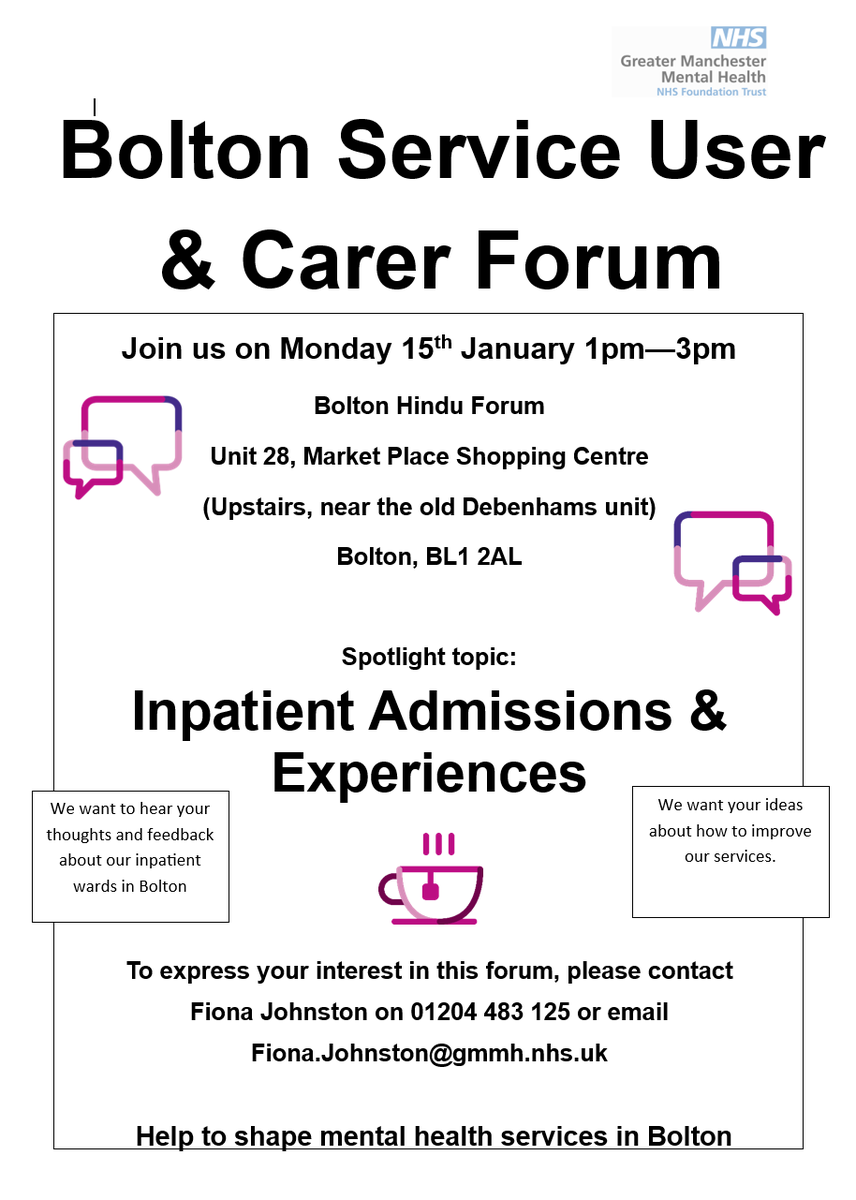 Calling all service users and carers accessing services through @GMMH_NHS in Bolton 👇 Please see below for a fantastic opportunity to support service improvements and share your views. #GMMHGetInvolved