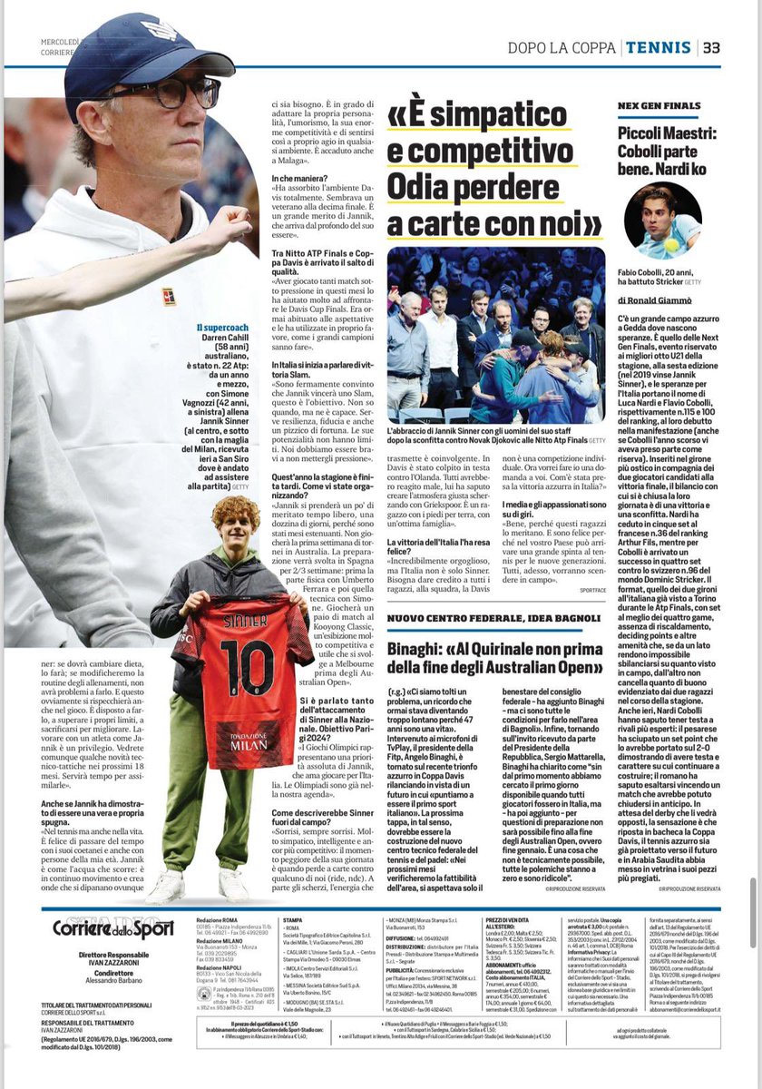 Eccoci qui! L’intervista realizzata, insieme a <a href="/Ladal17/">Lorenzo Ercoli</a>, a Darren #Cahill per il <a href="/CorSport/">Corriere dello Sport</a> 

Abbiamo toccato tantissimi argomenti con il (super)coach di Jannik #Sinner

Parte mentale, umana, programmazione, i giochi olimpici e tanto altro ancora 

Buona lettura!