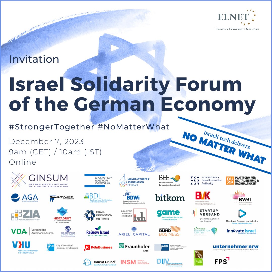 Startup Nation Central (@sncentral_) on Twitter photo Join us on December 7 for a powerful display of solidarity at the Israel Solidarity Forum of the German Economy, hosted by @elnetwork_eu. We're gathering to stand together with Israel during these challenging times. Register now to be a part of this event👉elnetwork-eu.zoom.us/webinar/regist… Join us on December 7 for a powerful display of solidarity at the Israel Solidarity Forum of the German Economy, hosted by @elnetwork_eu. We're gathering to stand together with Israel during these challenging times. Register now to be a part of this event👉elnetwork-eu.zoom.us/webinar/regist…