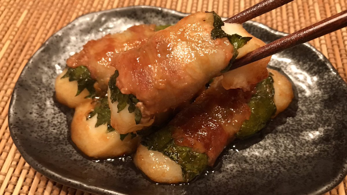 餅チーズしそ豚、今回は醤油みりん酒各大さじ1、味噌と砂糖各大さじ1/2のタレで照り焼きに✨