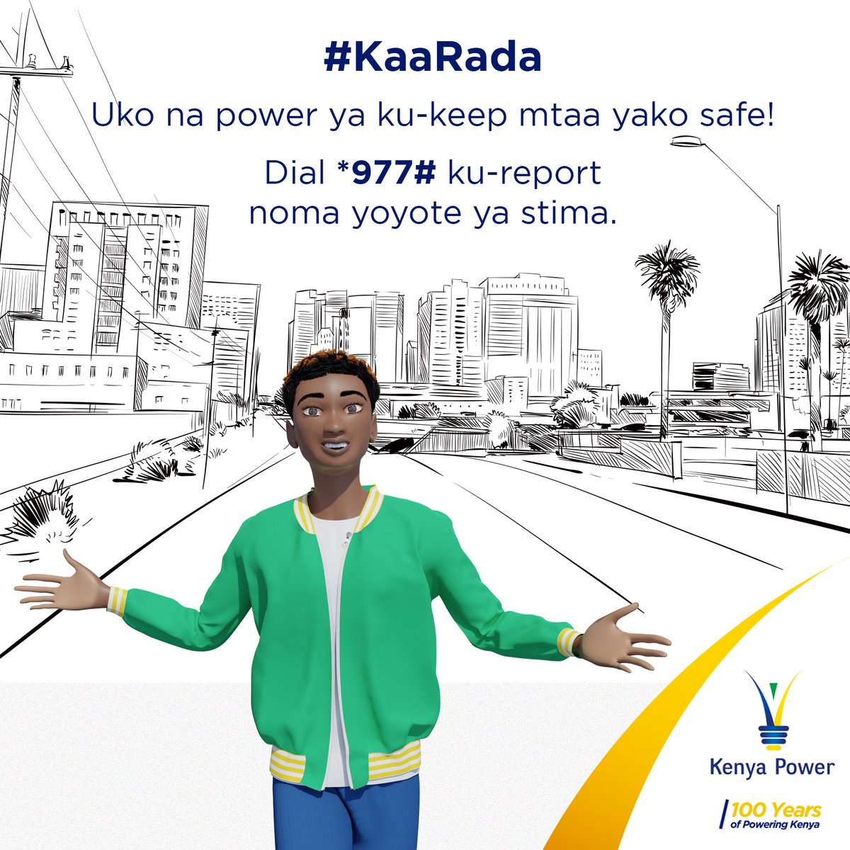 Safety inaanza na mimi na wewe! If you see any low lying power lines, ama post ya stima imeanguka, just dial *977# or visit the nearest Kenya Power office ku-report ili uweze ku #EpukaNoma. #KaaRada ^JC