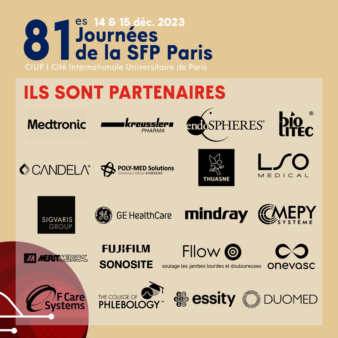🤝Merci à l'ensemble des partenaires ayant déjà répondu présents pour soutenir le congrès de la SFP. Retrouvez-les, les 14 et 15 décembre à Paris.

#sfpcongres
#Vasculaire
#SFP
#Phlébologie
#Congres