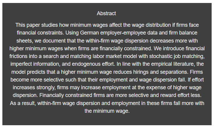 📅Tomorrow, 5.12.23, @gehrke_b from @FU_Berlin will present on 'Minimum wages, wage dispersion and financial constraints in firms' in the Potsdam Research Seminar in Economics.