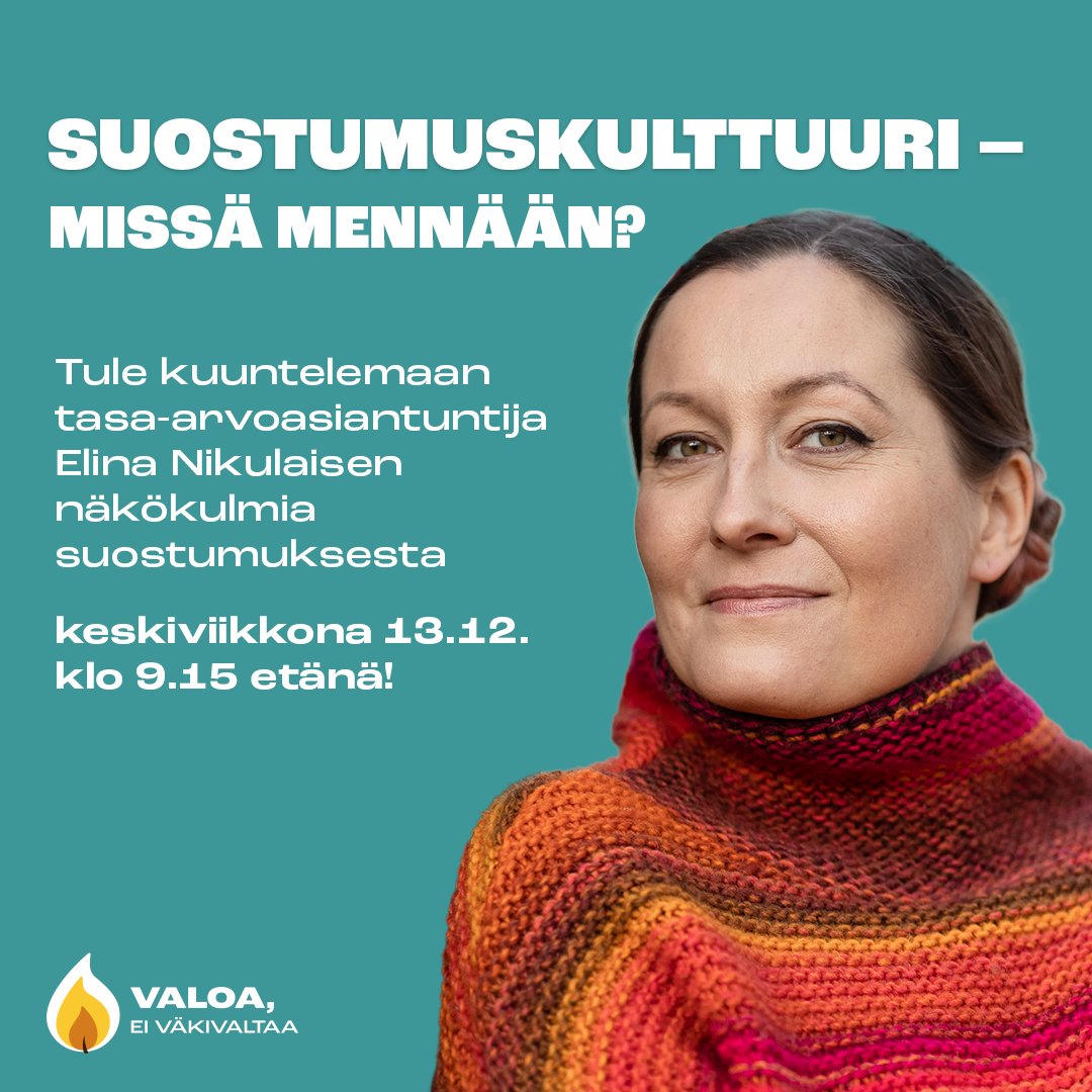 Väkivaltaobservatorio järjestää vuoden viimeisen kokouksen ohessa tilaisuuden, jossa Elina Nikulainen puhuu suostumuksesta: Suostumuskulttuuri – missä mennään? 🧐

Tule linjoille kuuntelemaan Elinan näkökulmia suostumuksesta ke 13.12. klo 9.15!
Ilmottaudu: forms.gle/FifhNjZqyPdYre…