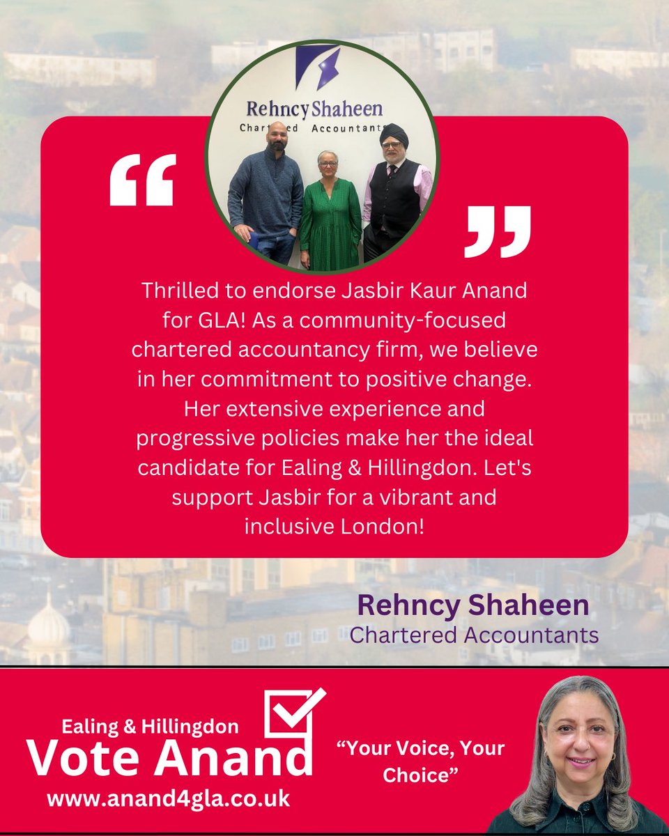 Deeply touched by the endorsement from Rehncy Shaheen Chartered Accountants. Their trust in my commitment to Ealing & Hillingdon means the world. Let's shape a brighter future together. Thank you for joining me on this journey! 🙏🌹 #Anand4GLA anand4gla.co.uk