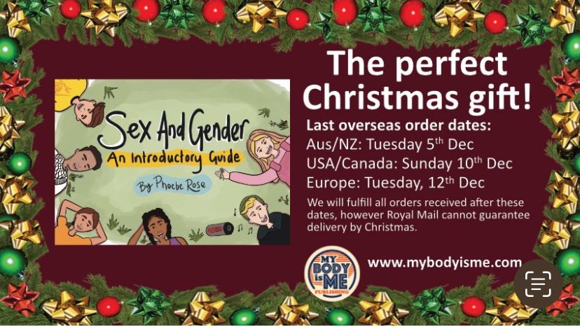 Only two weeks left to place your overseas orders for Christmas. Our book ‘Sex & Gender’, by Phoebe-Rose, will make a lovely stocking filler for tweens/teens (or their parents!) looking for a relatable, neurodiverse friendly guide to growing up mybodyisme.com #Christmas