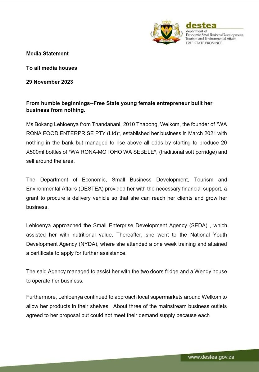 FSDESTEA's tweet image. Media Statement - From humble beginnings, Free State young female entrepreneur built her business from nothing
#Destea
#EntrepreneurshipMonth
#smmesupport
#economicdevelopment
#LeaveNoOneBehind