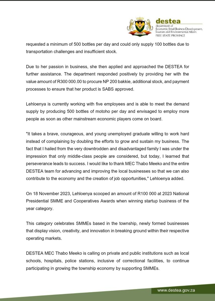 FSDESTEA's tweet image. Media Statement - From humble beginnings, Free State young female entrepreneur built her business from nothing
#Destea
#EntrepreneurshipMonth
#smmesupport
#economicdevelopment
#LeaveNoOneBehind