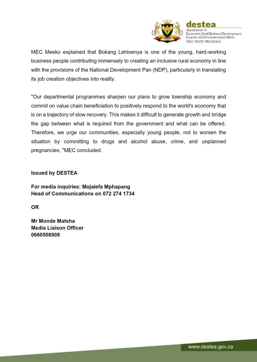 FSDESTEA's tweet image. Media Statement - From humble beginnings, Free State young female entrepreneur built her business from nothing
#Destea
#EntrepreneurshipMonth
#smmesupport
#economicdevelopment
#LeaveNoOneBehind