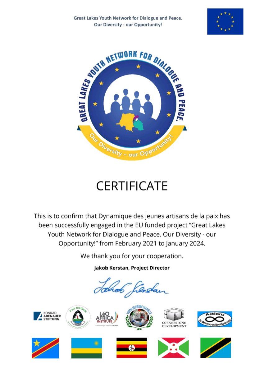 Nous sommes contents et reconnaissant de recevoir ce certificat attestant notre engagement et participation dans ce grand projet régional. La #Dyjap remercie beaucoup @4youthdialogue pour tout l'accompagnement durant cette période. @kaskongo @UEenRDC @JakobKerstan @PoleInstitute