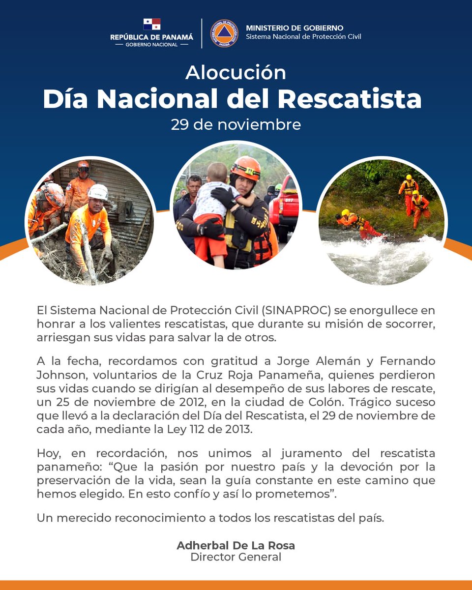 Este 29 de noviembre conmemoramos el Día Nacional del Rescatista. #TrbajandoPorPanamá.