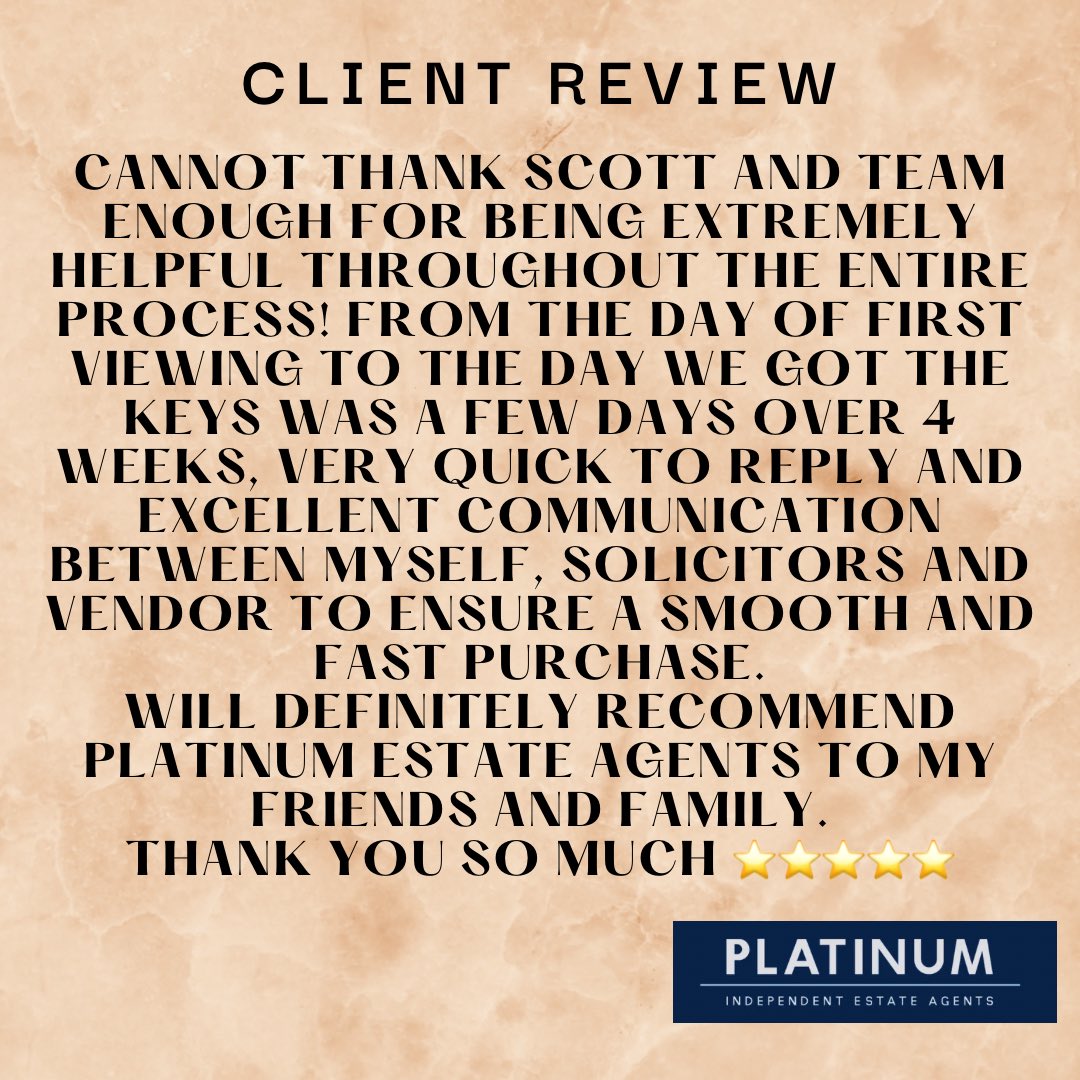 Another superb review 👏🏽 #review #client #clientreview #feeback #happyclient #happybuyer #buyer #home #newhome #property #newproperty #platinum #estateagents #platinumestateagents