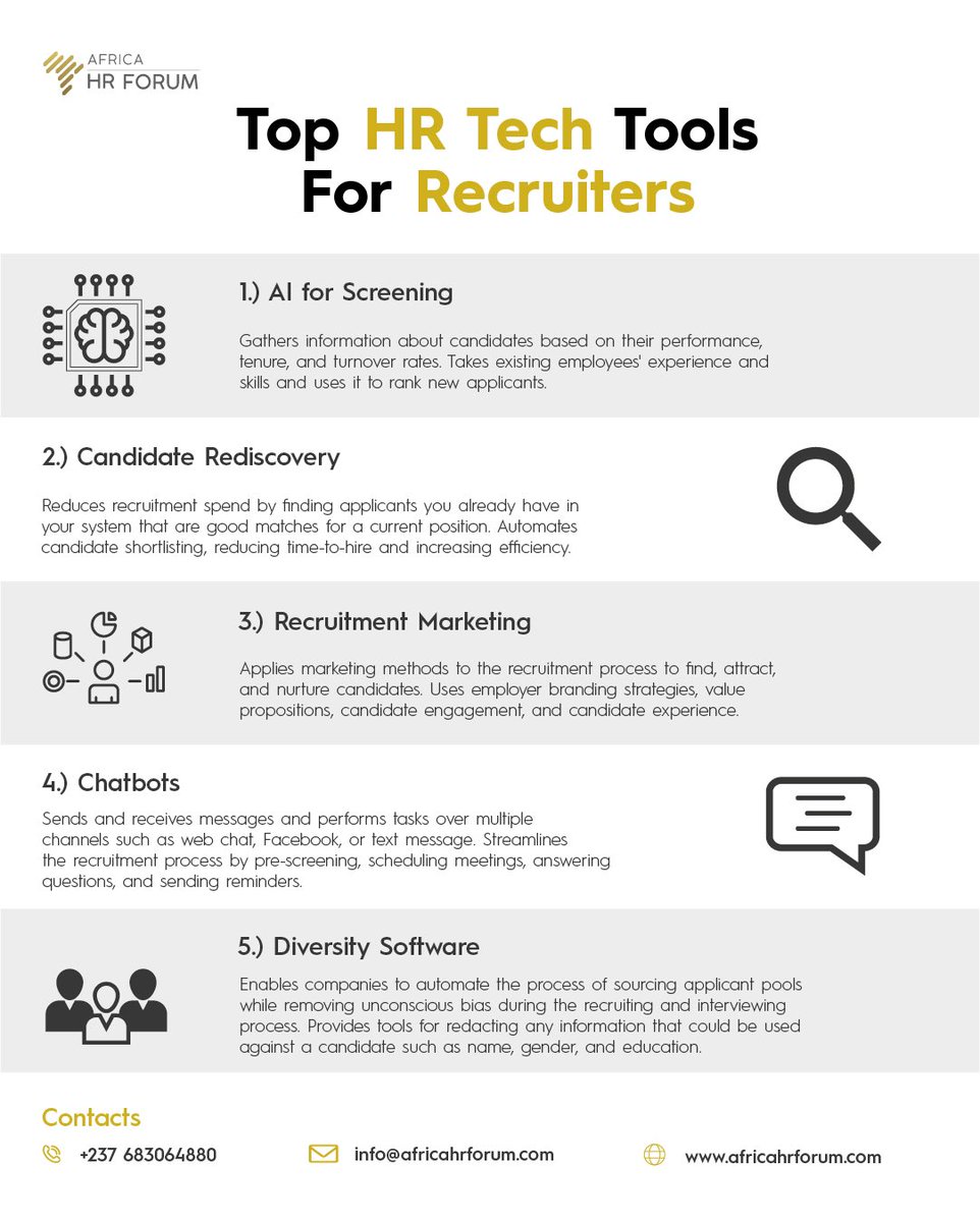 From applicant tracking systems to interview scheduling platforms, these tools are essential for recruiters to maximize their productivity and achieve success in their #recruitment efforts. 

More information on our resources on africahrforum.com

#hrtech