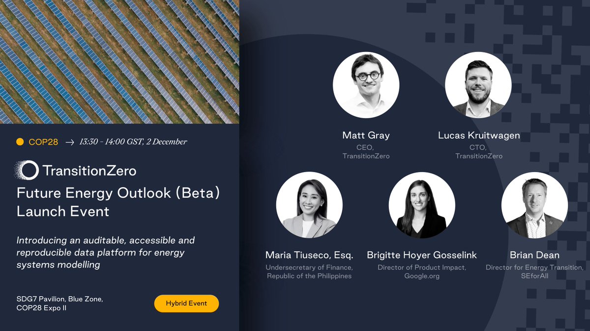 Future Energy Outlook beta (FEO) launches 2nd December @COP28_UAE with special guests from @GoogleOrg @SEforALLorg @DOF_PH 

Comment to let us know whether you will join in person or remote bit.ly/40Pe57D 

#SDG7atCOP28 #ForwardTogether #energytransition #opendata