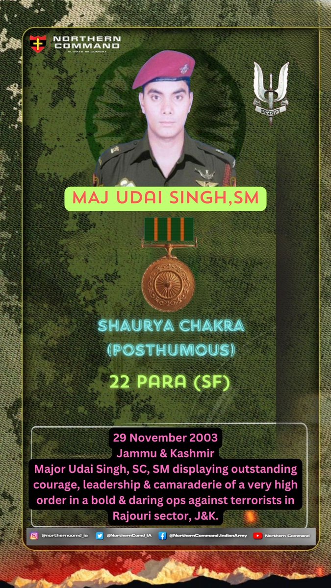 NorthernComd_IA's tweet photo. 29 November 2003

#JammuAndKashmir 

Major Udai Singh, SC, SM displaying outstanding courage, leadership & camaraderie of a very high order in a bold & daring operation against terrorists in Rajouri sector, J&K.

Posthumously awarded #ShauryaChakra.

#RememberAndNeverForget
#LestWeForgetIndia

Read more about the hero👇
https://t.co/D8AJOWNXyf