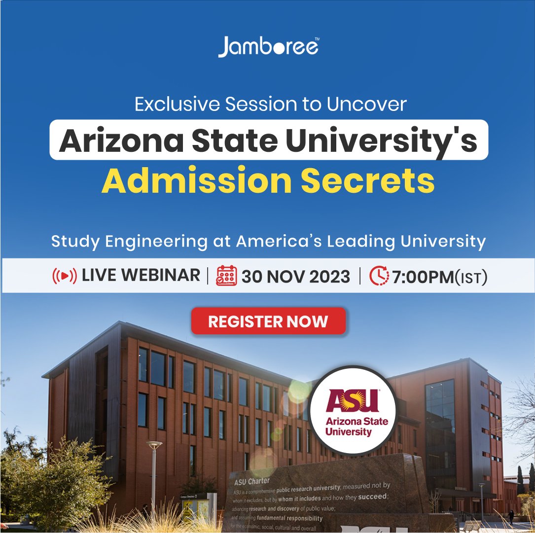 Join us for an insightful webinar where the admissions team of Arizona State University will spill their application secrets.

Secure your spot - rb.gy/250gvv

#jamboree #studyabroad #studyoverseas
