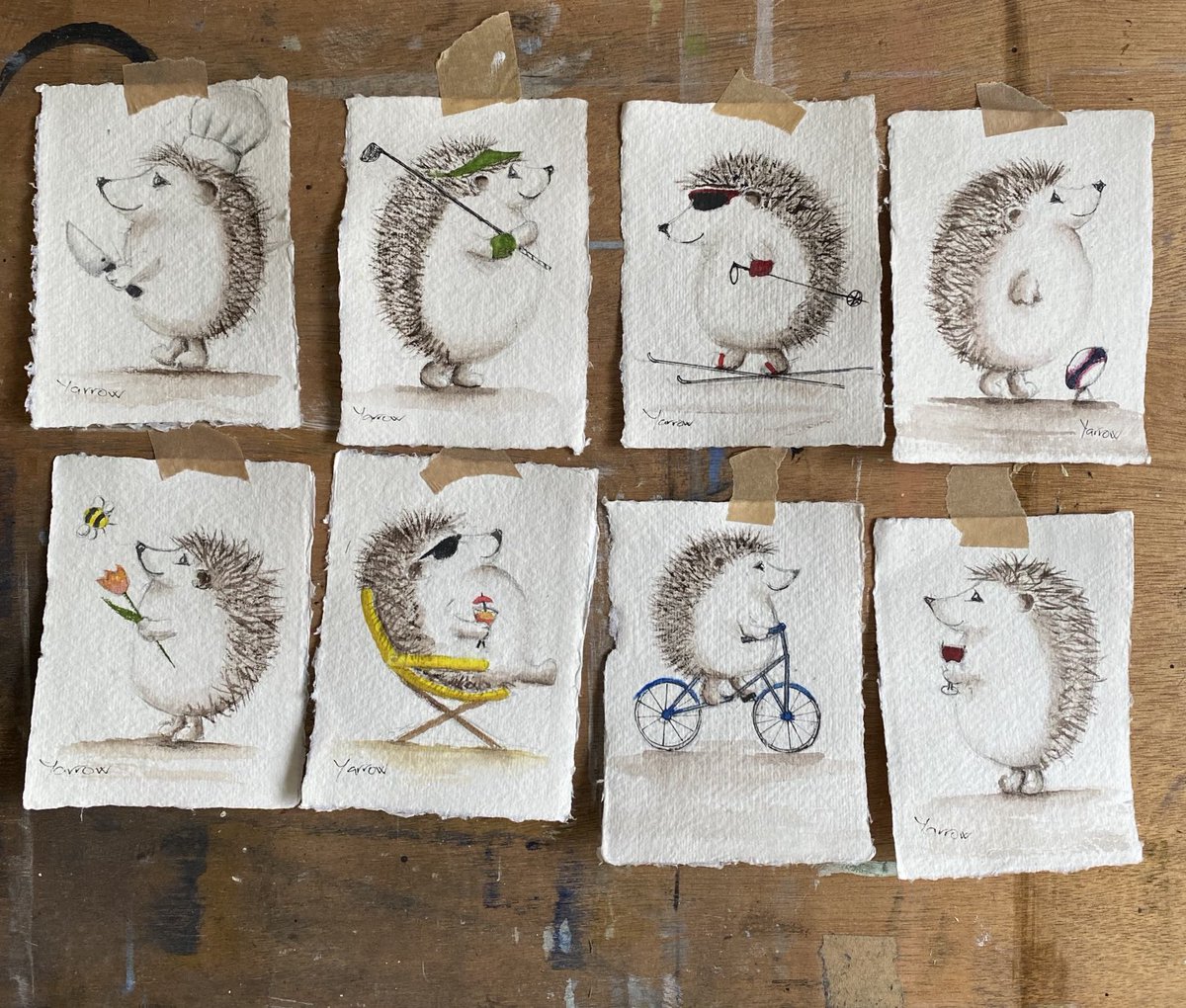 Ready for framing, small but very busy #hedgehogs #stockingfillers , little #handmade #christmas #giftideas #original #art #watercolours. I didn’t know hedgehogs could #ride #bicycles #ski and play #golf and #rugby 🤗🦔🎄