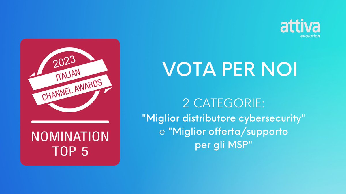 Grazie a voi siamo in nomination come "Miglior distributore cybersecurity" e "Miglior offerta/supporto per gli MSP" agli 𝗜𝘁𝗮𝗹𝗶𝗮𝗻 𝗖𝗵𝗮𝗻𝗻𝗲𝗹 𝗔𝘄𝗮𝗿𝗱𝘀 #𝗜𝗖𝗔𝟮𝗞𝟮3. Il tempo vola! Entro il 22 dicembre è possibile votare. lnkd.in/dB958H93 <a href="/channelcity/">channelcity.it</a>
