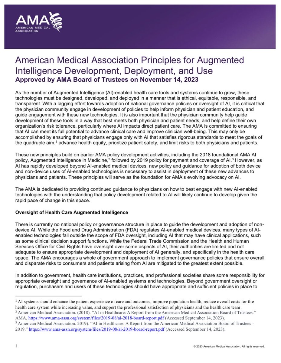 🧵@AmerMedicalAssn released new principles for augmented intelligence #AI development, deployment, and use—“a critical step toward fostering a consistent governance structure for advancements in health care technology.” 👉Read Principles here: tinyurl.com/mrxdunx2