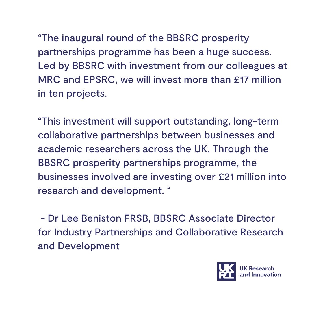BBSRC's tweet image. We have launched our first bioscience prosperity partnership programme, supporting 10 research collaborations between business and academia.

The projects will address key challenges faced by the bioscience and biotechnology sectors.

Find out more: ukri.org/news/bbsrc-lau…