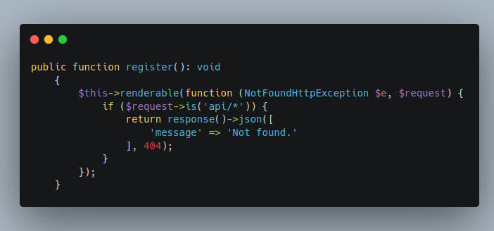 MikelAlilaj's tweet photo. Do you know that by adding this code to your app/Exceptions/Handler.php file, your Laravel API can automatically respond with a JSON 404 if the record is not found? 🚀
 #Laravel #API #CodingTips #PHP https://t.co/DatAqk1sGp
