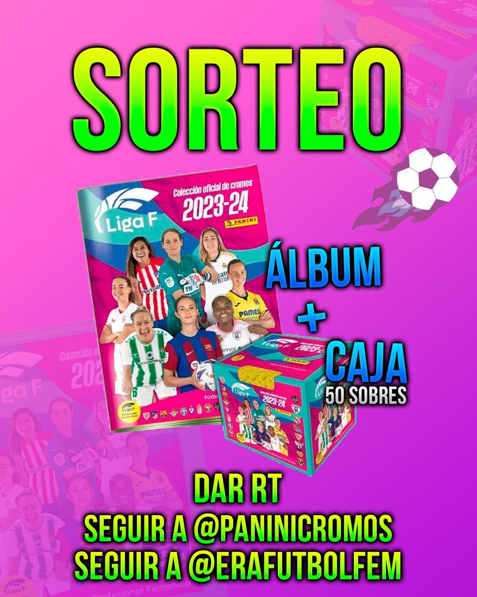 🥳 ¡TENEMOS OTRO SORTEO PARA VOSOTROS!

👏 Tendréis la ocasión de comenzar o completar la colección de cromos de la Liga F 23/24. Sorteamos ÁLBUM + CAJA DE 50 SOBRES

🍀 Los requisitos para participar están en la imagen. Tenéis hasta el 6 de diciembre. ¡Suerte!