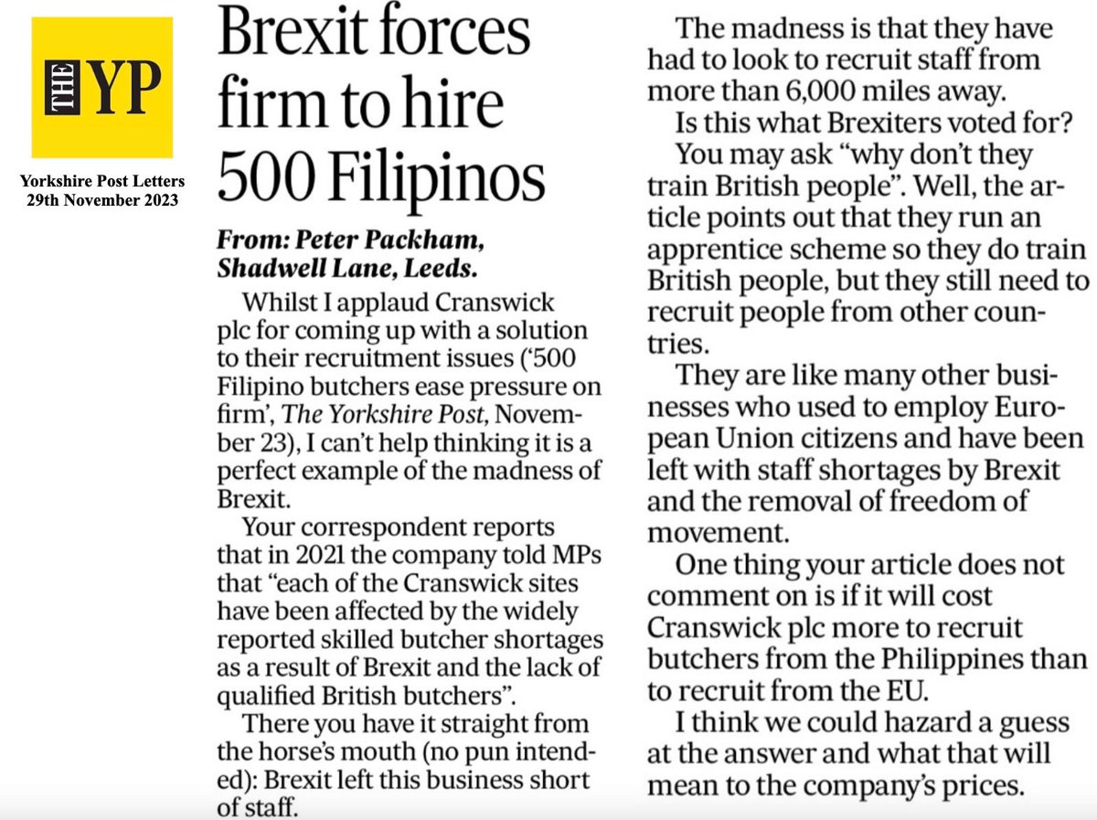 A “perfect example of the madness of Brexit” as a Yorkshire firm recruits 500 (!) Filipino butchers to fill a Brexit-sized hole in its workforce. “Is this what Brexiters voted for?” asks this letter in the Yorkshire Post today. Very good question.