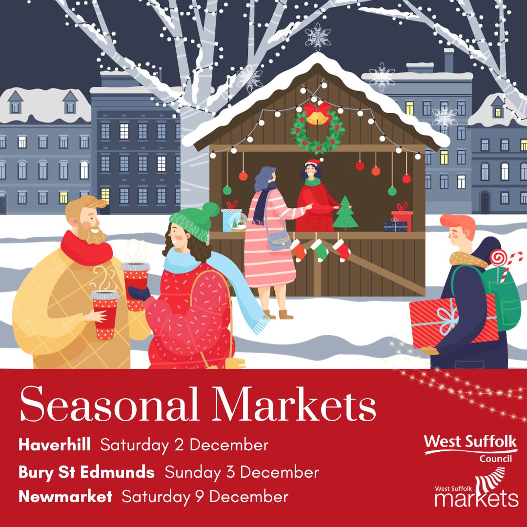 ⭐  Discover a wide range of local products such as cards, candles, clothing, jewellery, cakes and more at our seasonal makers markets!

Support local businesses whilst you shop for the perfect Christmas gifts for your loved ones!

<a href="/WestSflkGrowth/">West Suffolk Growth</a> <a href="/WestSuffolkMKTs/">West Suffolk Council Markets</a>