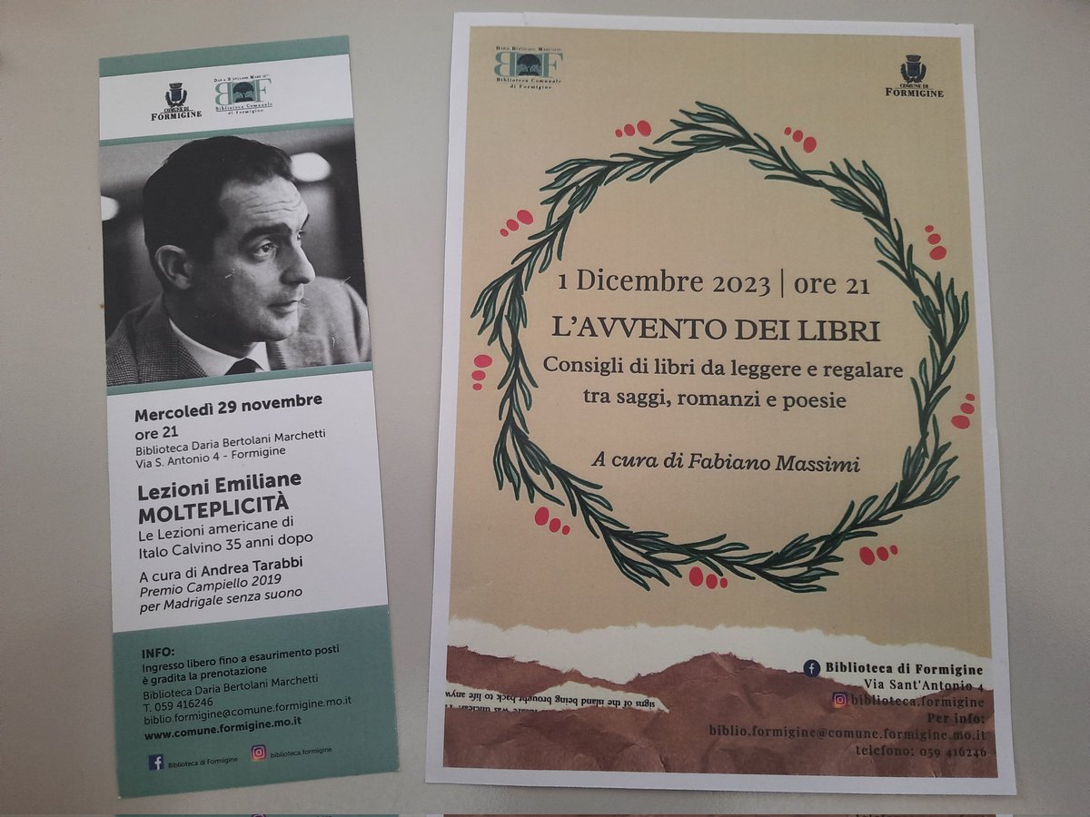 Fabiano Massimi (@fabianomas) on Twitter photo Alla Biblioteca di Formigine ci piace esagerare...
Stasera 29/11 alle 21 <a href="/andreatarabbia/">Andrea Tarabbia</a> parlerà di Molteplicità a partire dalle Lezioni americane di Calvino.
Dopodomani 01/12 alle 21 io farò le tradizionali letture/consigli di fine anno, tra poesie, racconti, romanzi e saggi. Alla Biblioteca di Formigine ci piace esagerare...
Stasera 29/11 alle 21 <a href="/andreatarabbia/">Andrea Tarabbia</a> parlerà di Molteplicità a partire dalle Lezioni americane di Calvino.
Dopodomani 01/12 alle 21 io farò le tradizionali letture/consigli di fine anno, tra poesie, racconti, romanzi e saggi.