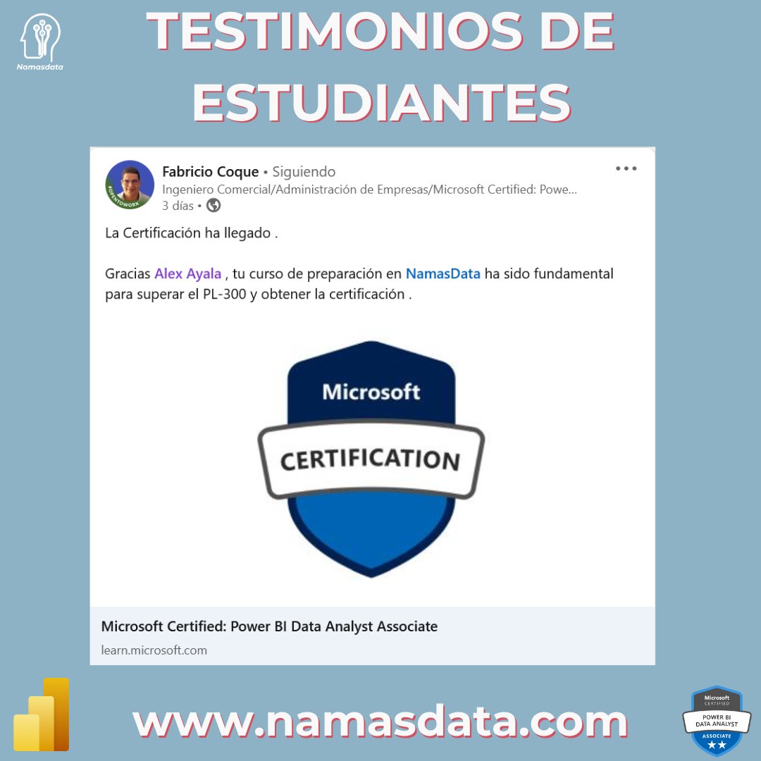 En NamasData, lanzamos un curso de Power BI de alta calidad y bajo coste, enfocado en el examen PL-300. Me enorgullece que tantos estudiantes hayan obtenido su certificación, ¡incluido Fabricio recientemente! Ver sus insignias y diplomas es pura felicidad 😊 #PowerBI #PL300