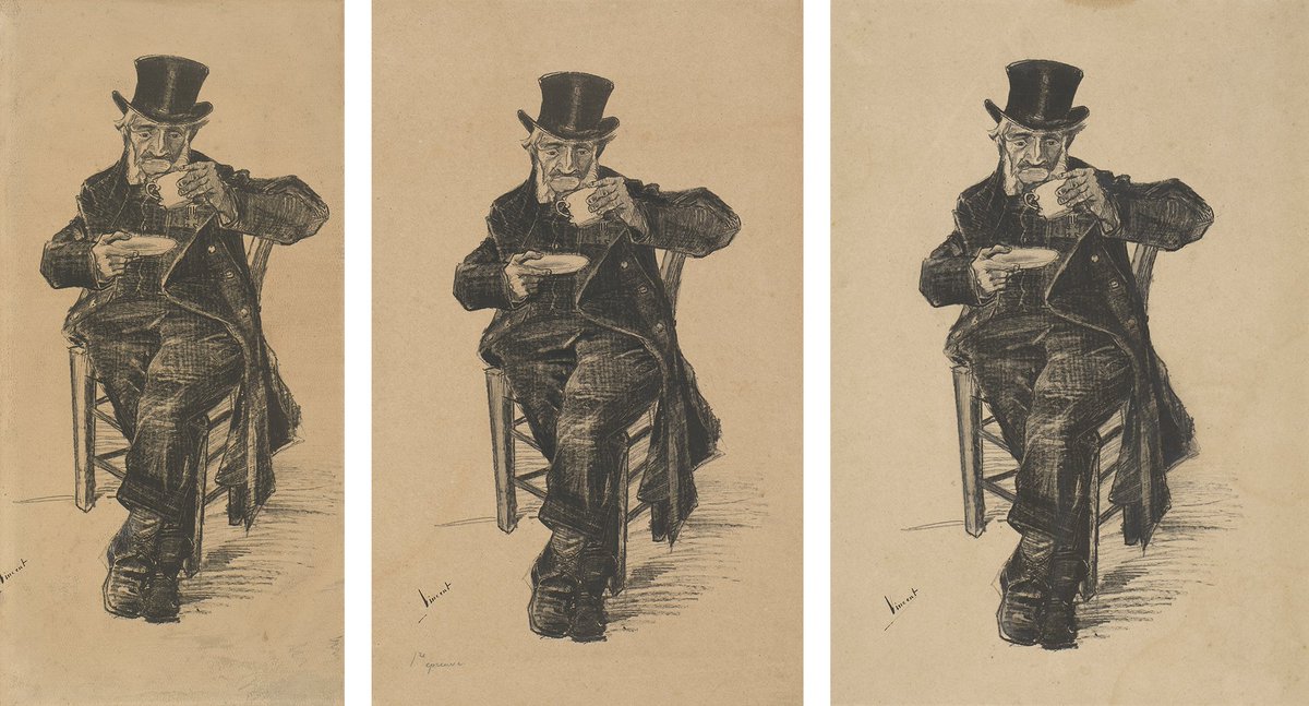 Great news! 🎉 Since 1882, all 3 prints of Van Gogh's 'Old Man Drinking Coffee' lithograph are reunited. The lost lithograph on the right was rediscovered, sold at auction, and is now on a long-term loan to our museum, with plans for a permanent donation. Visit us to see them!