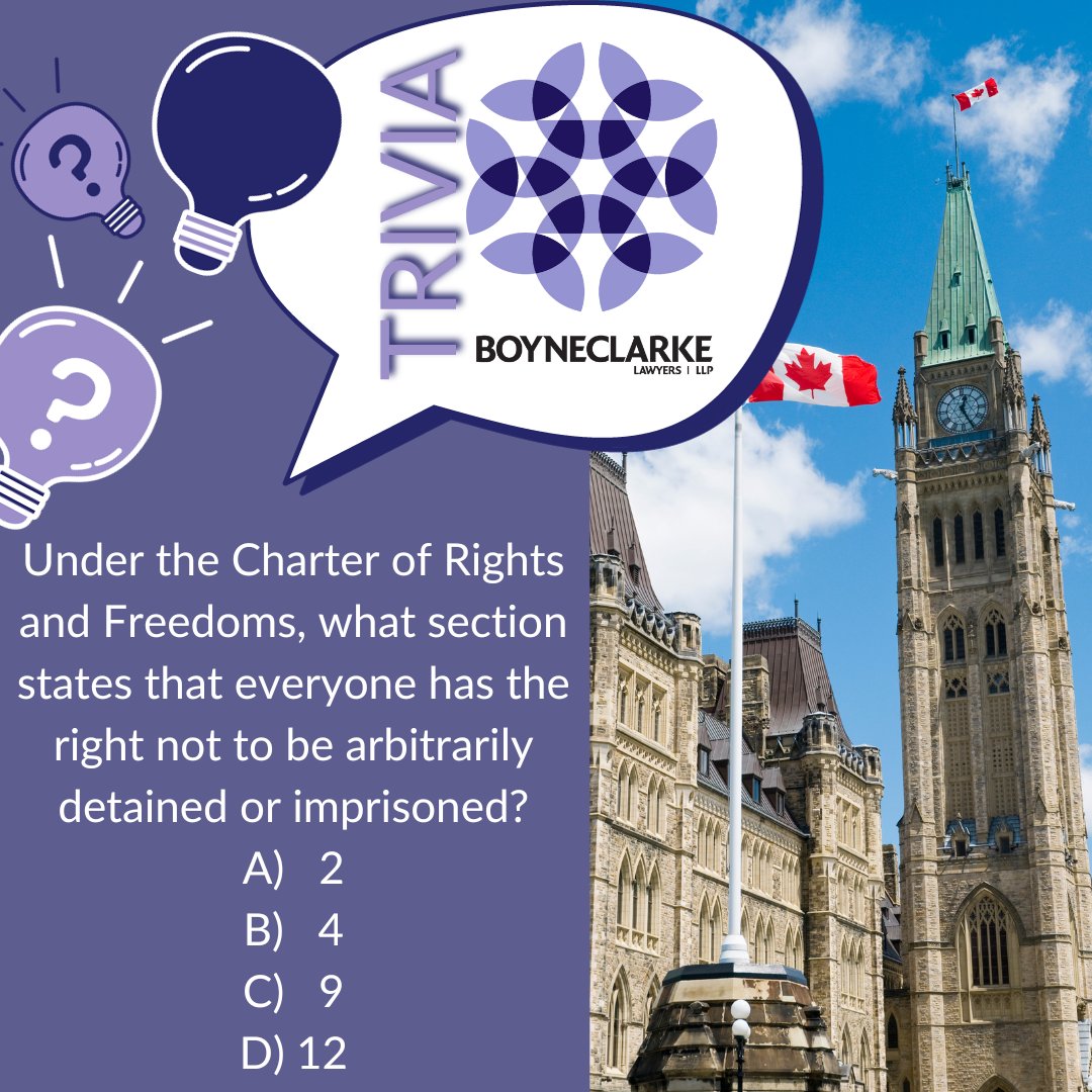 📢 Trivia time ⚖️

Welcome to the first week of BOYNECLARKE trivia. Leave your guess in the comments, and we'll release the answer next Wednesday!

#LawTrivia #FullServiceLawFirm #CharterofRightsandFreedoms