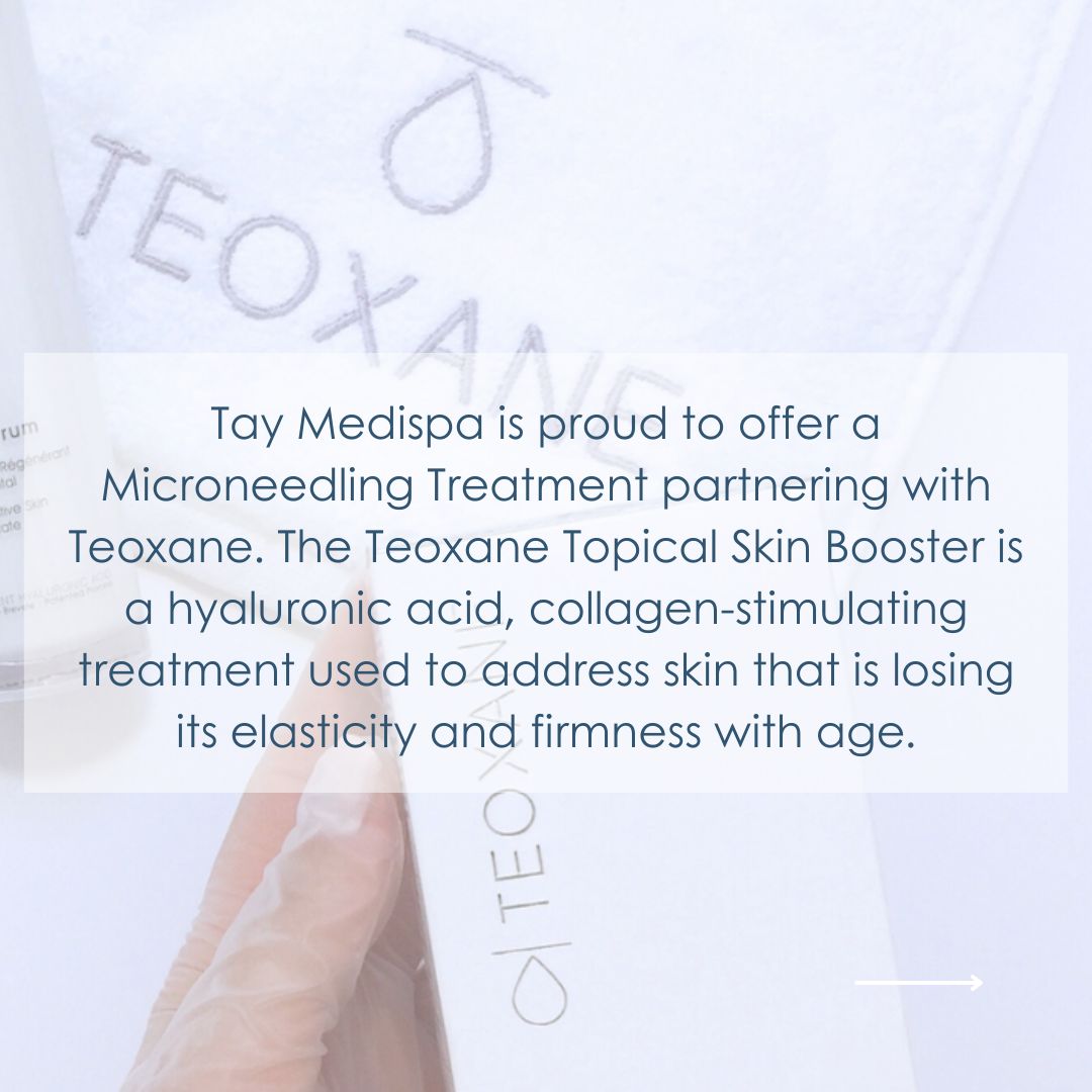 TayMediSpa's tweet photo. Tay Medispa is proud to offer our Microneedling treatment with the Teoxane Topical Skin Booster for enhanced effects to boost skin health, improve elasticity and reduce fine lines. 

https://t.co/wVkT9531hl

#taymedispa #medispa #microneedling #teoxane #skinbooster https://t.co/5v6FIZDOyO