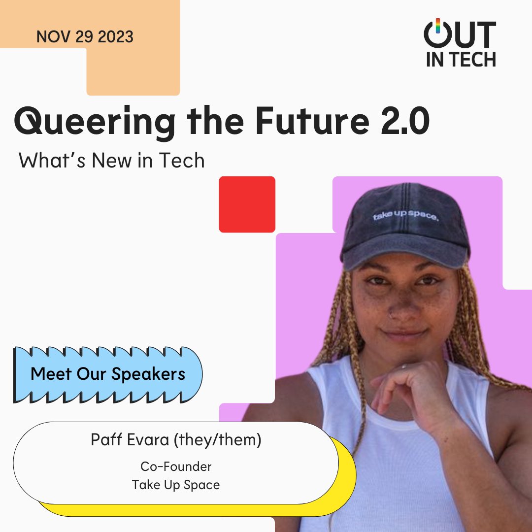 today 🛸

join me for the @OutInTech queering the future panel, 8pm GMT / 3pm ET. I’ll be discussing my thoughts on leveraging emerging tech to create a more equitable & community-driven media⚡️

get your free ticket here: eventbrite.com/e/out-in-tech-…