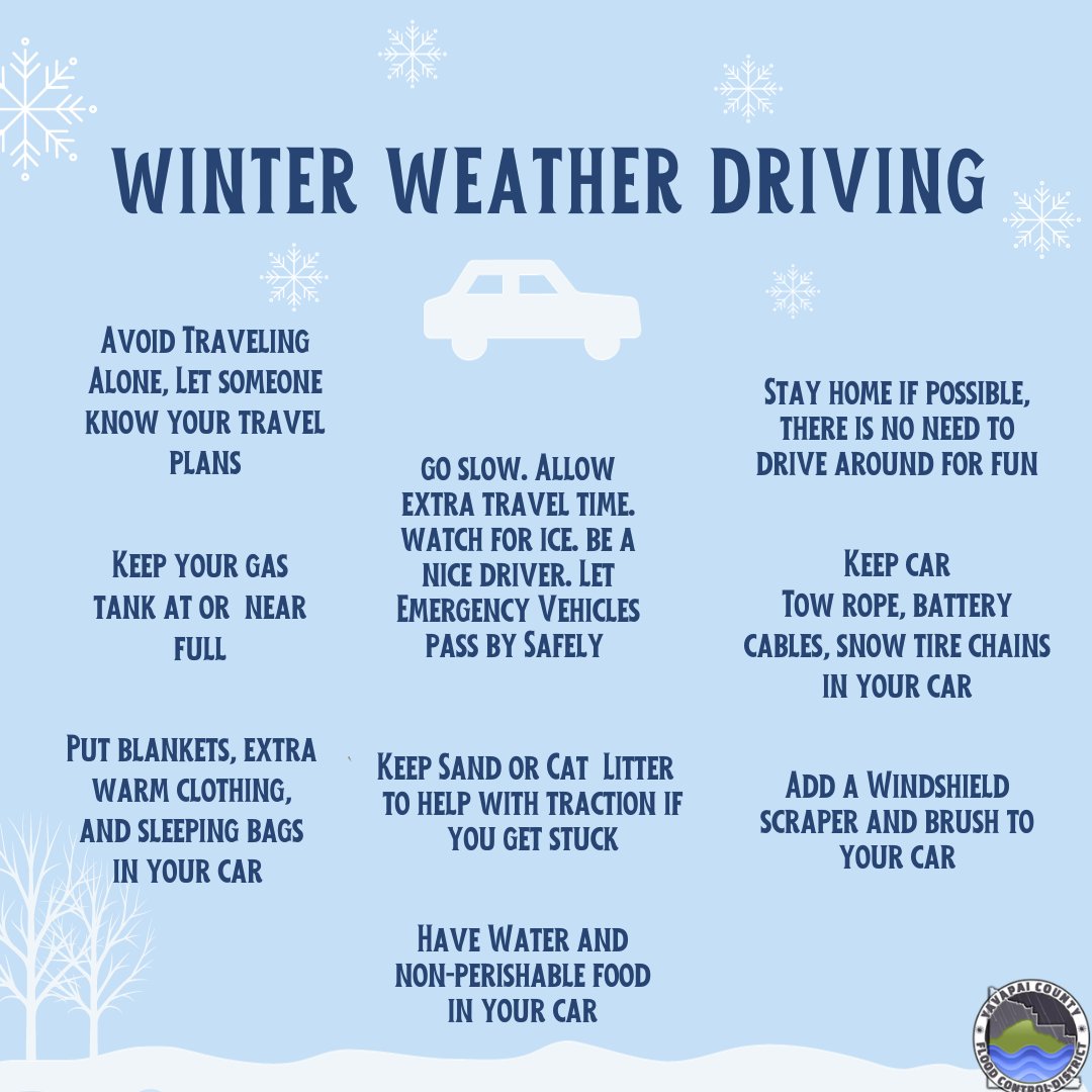 YavapaiAZ_Flood's tweet photo. ❄Now is the time to make sure your car is winter weather ready❄
#YavapaiCounty #FloodControl #WinterWeather #AZWX #NorthernArizona #Snow #ArizonaDrivers #EmergencyPreparedness #EmergencyCarKit #Precipitation #Snowfall #SafeDriving https://t.co/fCAyxhm6AL