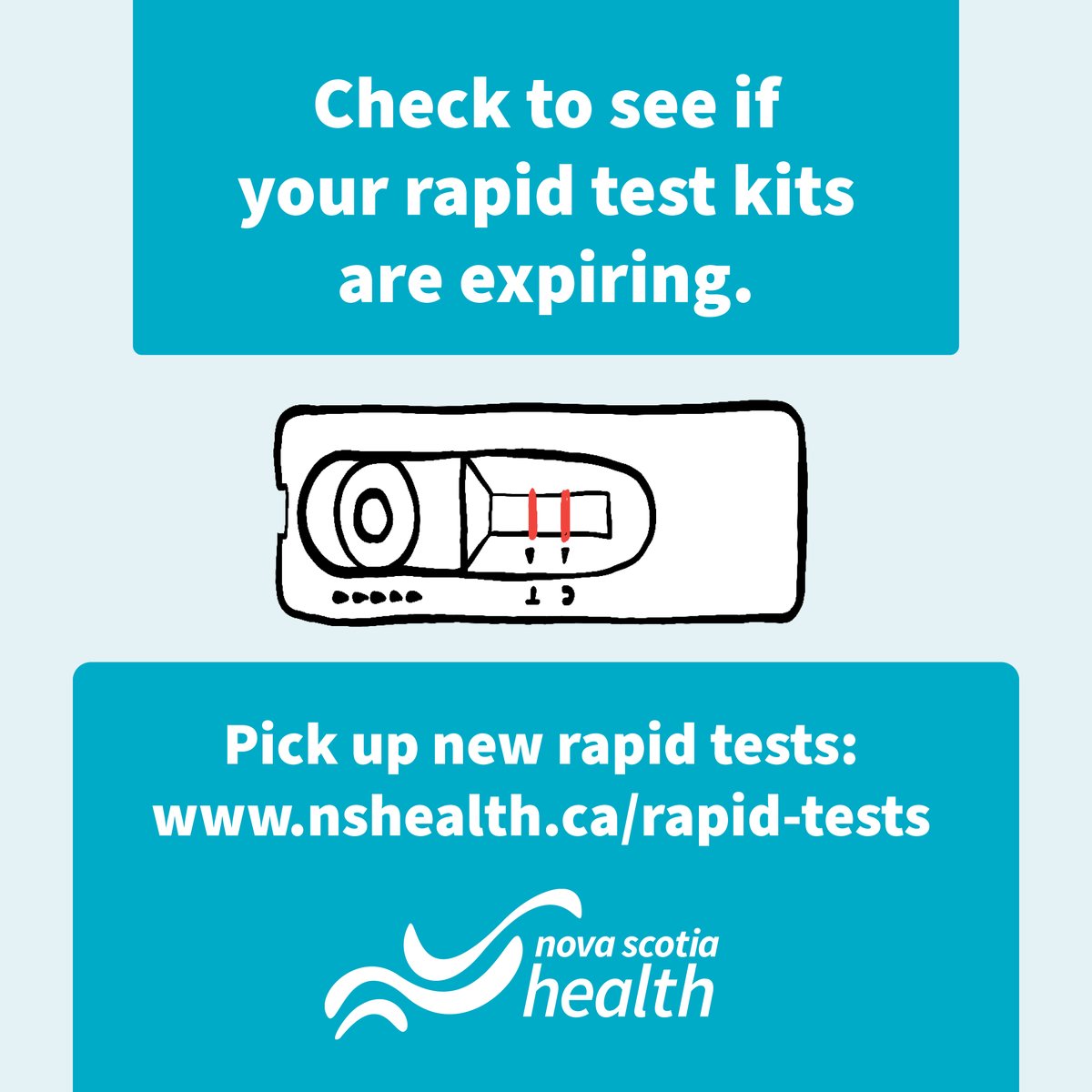 If you have COVID-19 rapid tests at home, please check the expiration dates, as some tests may have expired or will be expiring soon. You can pick up new rapid tests at participating public libraries, MLA offices and PHMU clinics. Learn more: nshealth.ca/rapid-tests.