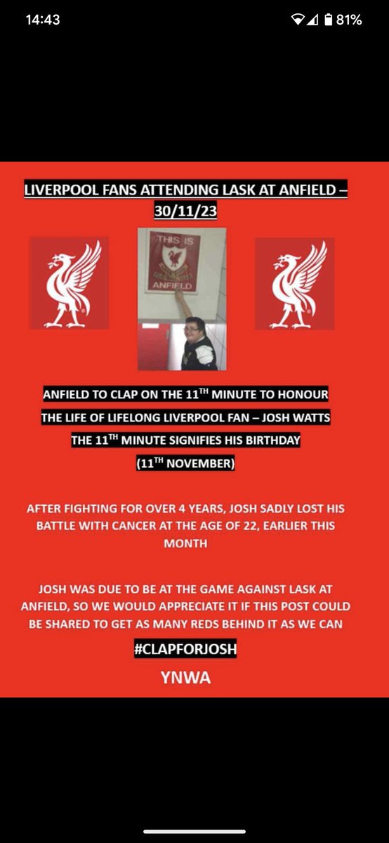 TgpWrestling's tweet photo. To all our Liverpool FC fans please spread the word about the tribute planned for tomorrow's game for our friend and warrior, Josh. #Liverpool #LiverpoolFC
#YNWA https://t.co/4BBbYWA34y